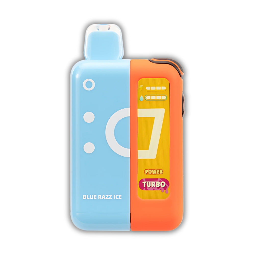 Blue Razz Ice Off Stamp X Cube Kit. A refreshing blue and orange disposable vape featuring a bold blue raspberry ice flavor with turbo power. Shop now at AdjustableVapes.com.