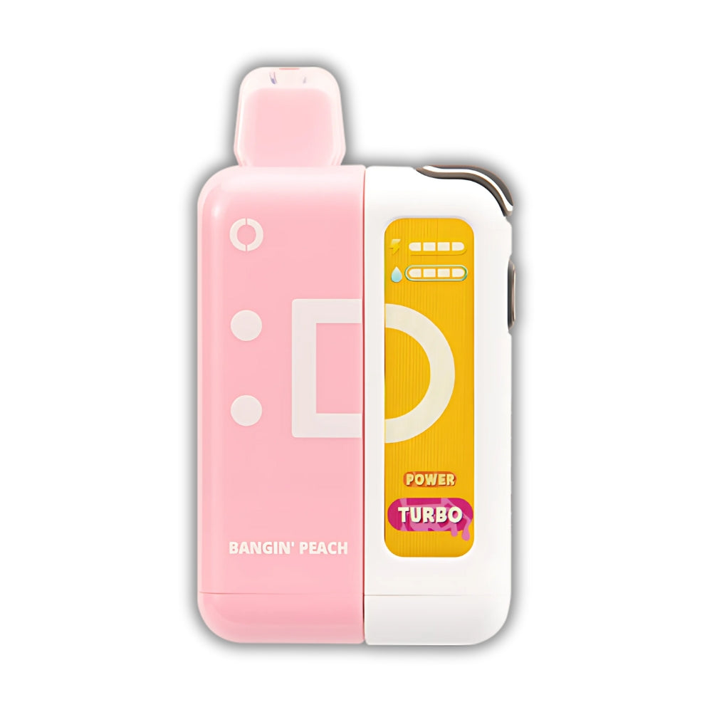 Bangin’ Peach Off Stamp X Cube Kit – a stylish pink disposable vape device with an innovative design, turbo power, and a smooth peach flavor. Available at AdjustableVapes.com.