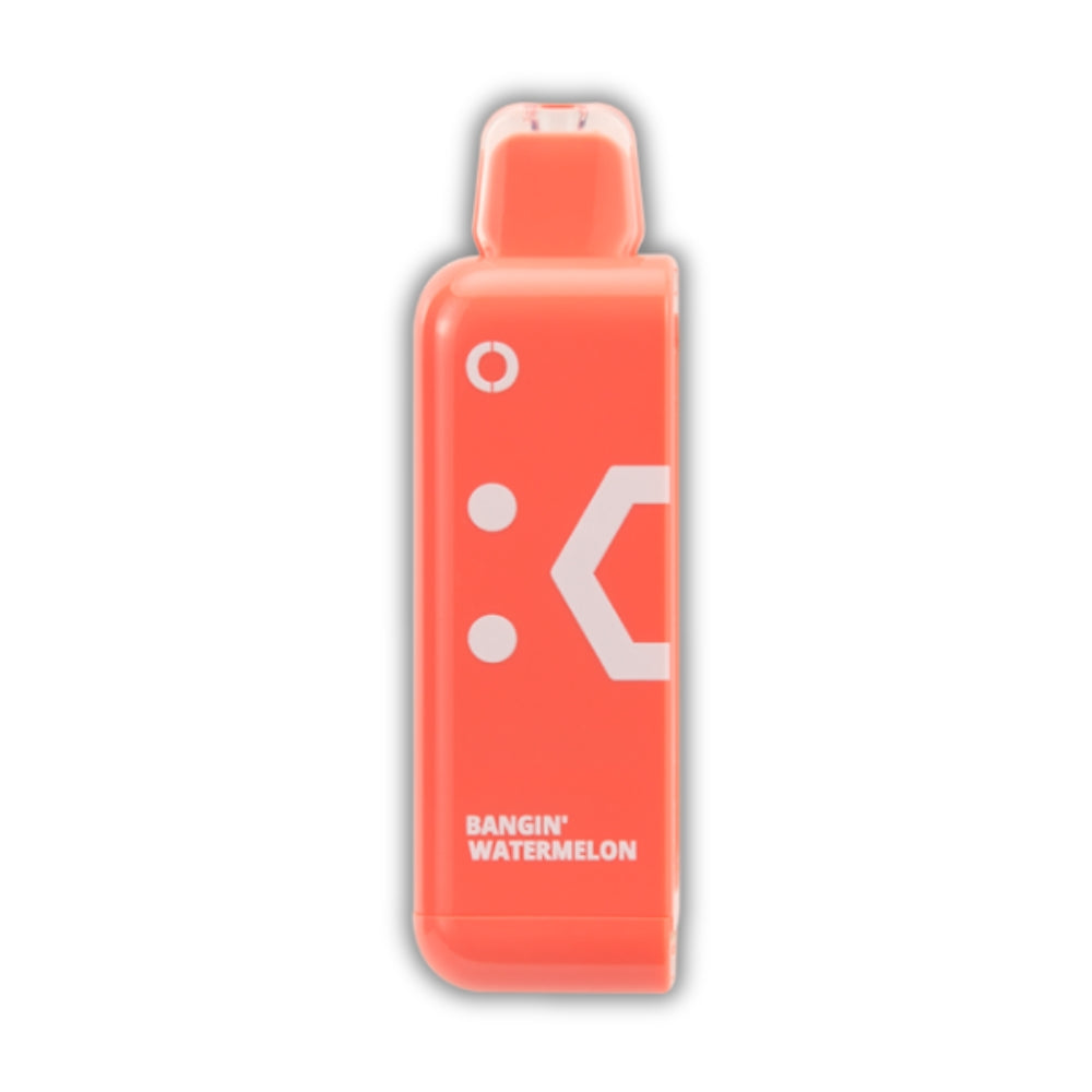 Bangin’ Watermelon Off Stamp Classic Cube Pod – a sleek red disposable vape featuring a refreshing watermelon flavor with a minimalist design. Available at AdjustableVapes.com.